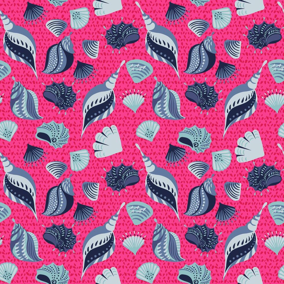 vistoso verano rosado sin costura modelo con creativo formas azul mar conchas mano dibujado. resumen artístico Oceano cáscara impresión. modelo para diseños, cuaderno cubrir, envase papel, exótico vector