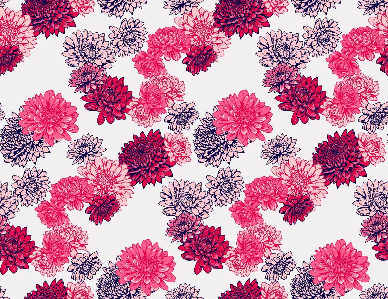 Beautiful red floral seamless pattern on a white background. Abstract artistic large flowers dahlias, peonies, chrysanthemums printing. drawn illustration. Template for designs, fabric vector