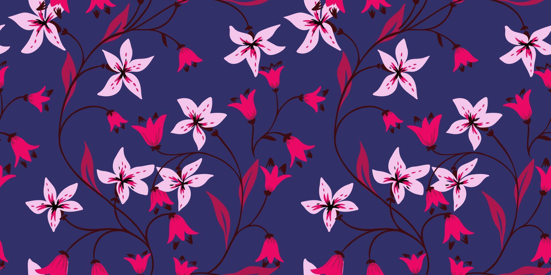 Abstract artistic branches with tiny flowers bells Intertwined in a seamless pattern. hand drawn. Creative colorful wild floral stems printing on a blue background. Template for designs vector