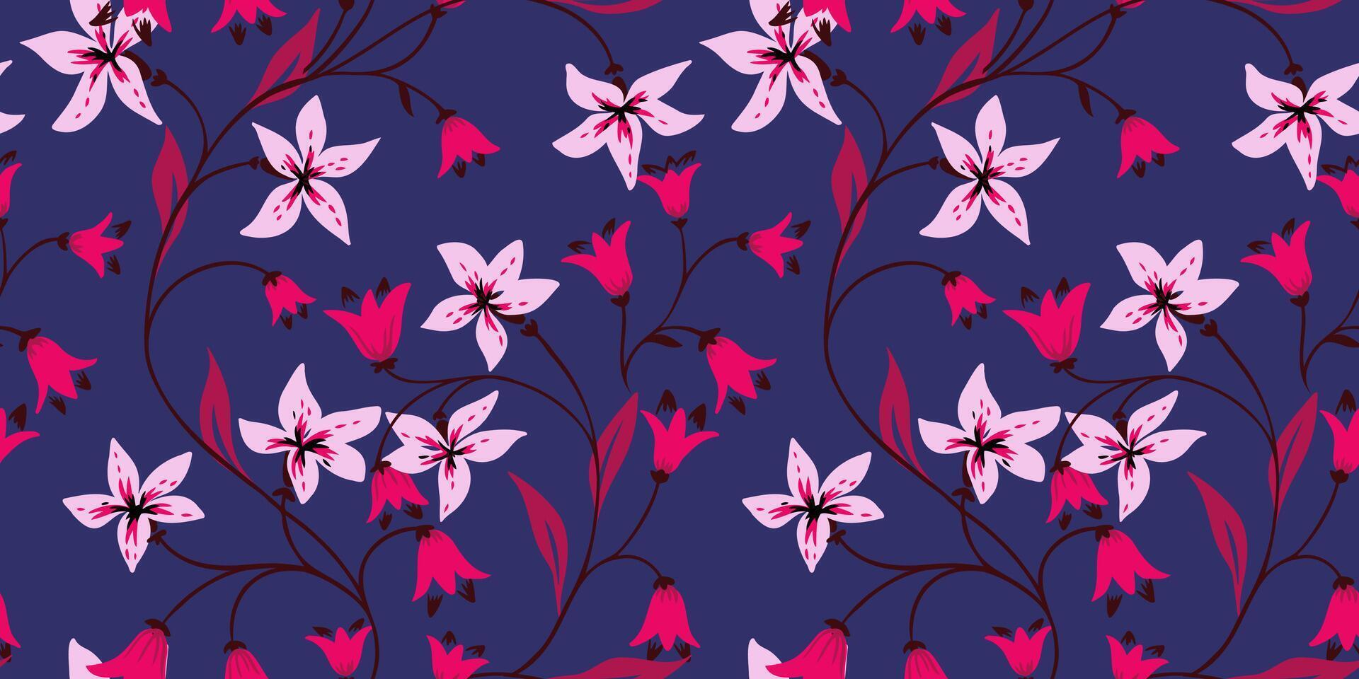 resumen artístico ramas con minúsculo flores campanas entrelazados en un sin costura modelo. mano dibujado. creativo vistoso salvaje floral tallos impresión en un azul antecedentes. modelo para diseños vector