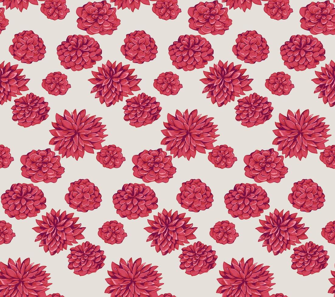 sin costura modelo estilizado brillante rojo flores peonias, dalias abstracto, artístico floreciente floral en un ligero antecedentes. mano dibujado bosquejo. diseño para moda, tela, textiles, impresión vector