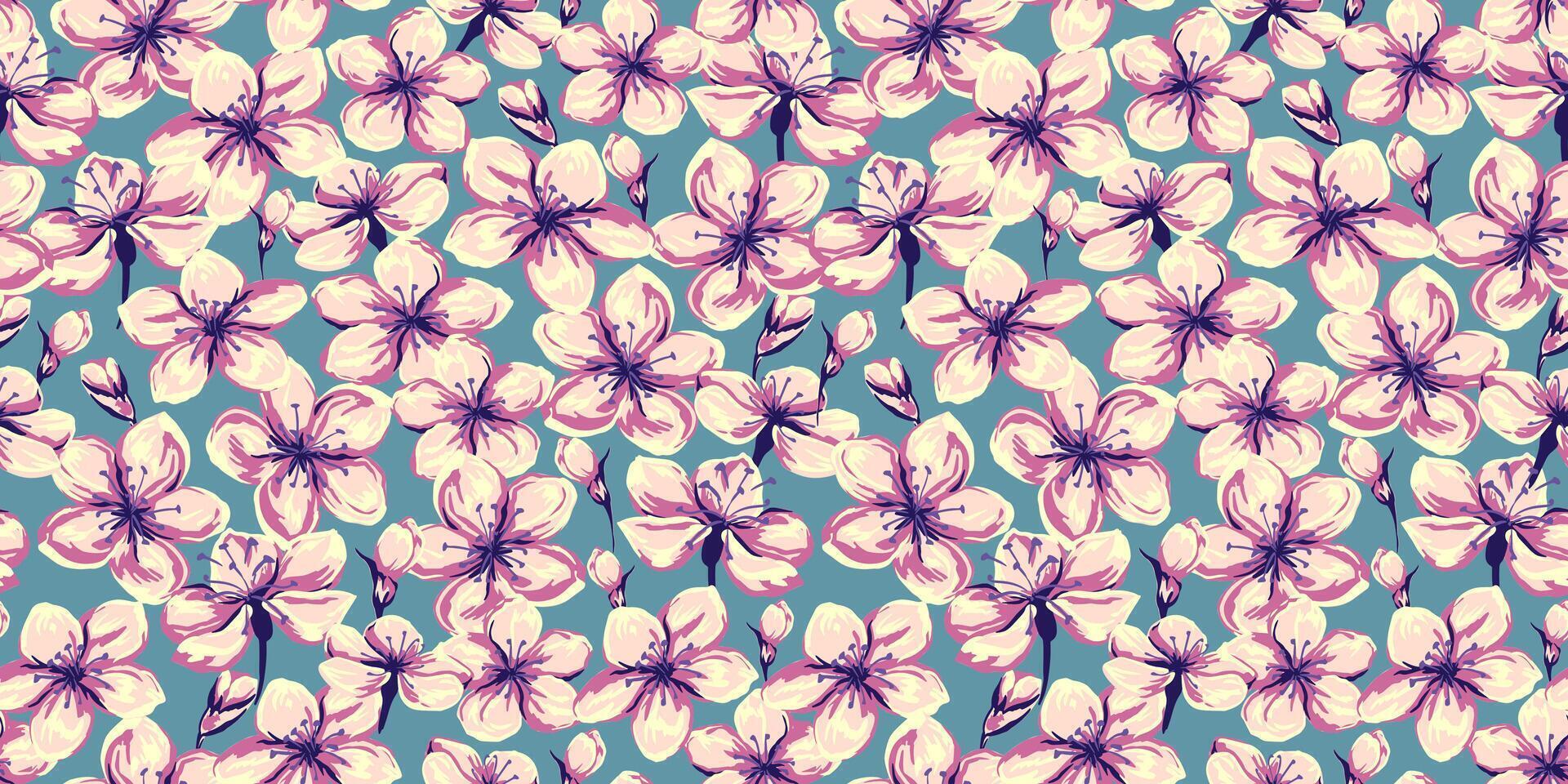 Colorful wild meadow floral seamless pattern. hand drawn illustration. Abstract artistic ornate ditsy flowers and buds printing. Blooming summer purple field. Template for designs, textiles vector