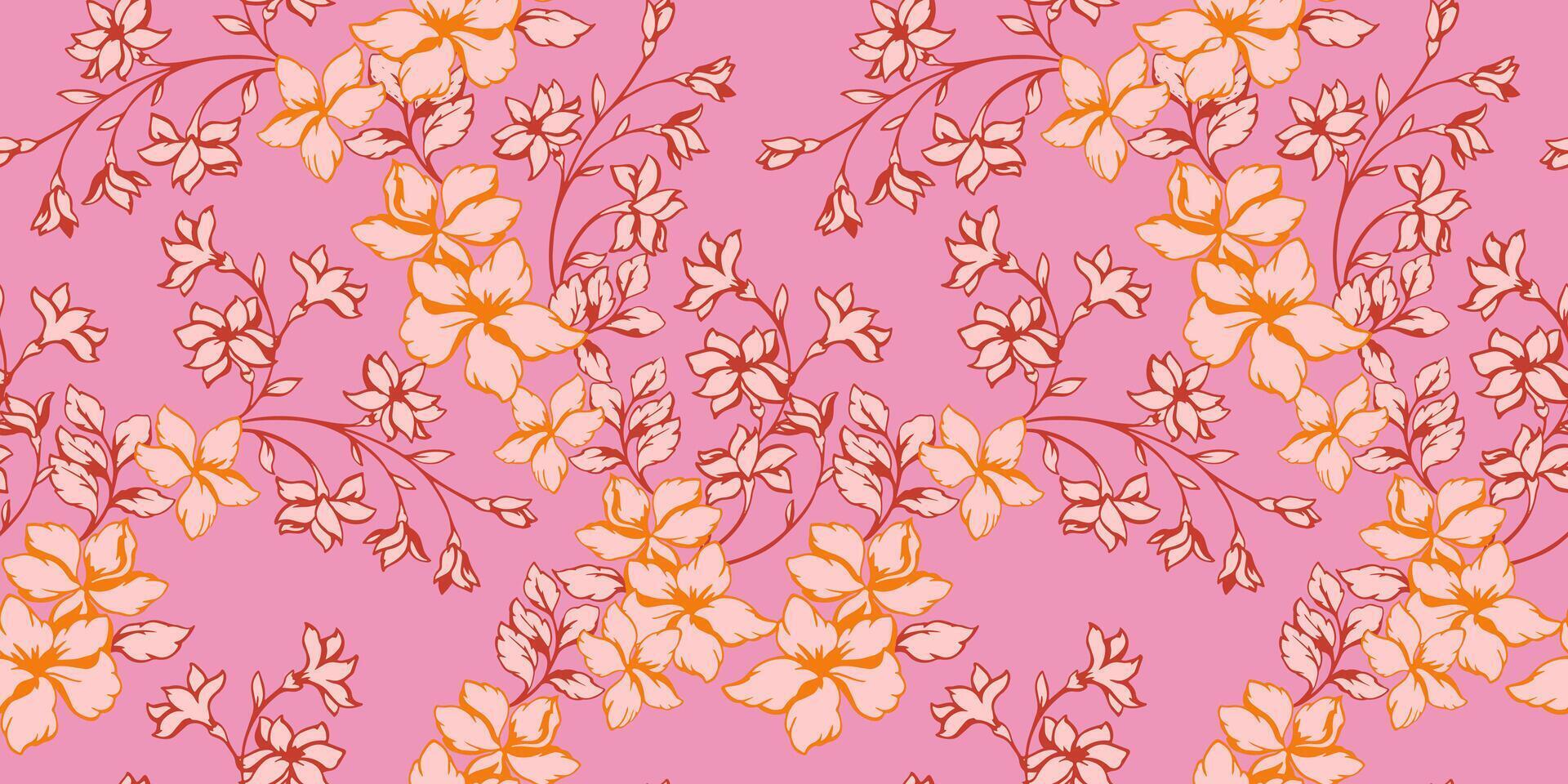 Blooming abstract artistic branches wild flowers seamless pattern. hand drawn. Monotone pink stylized floral stems background. Collage template for printing, patterned, textile, fabric vector