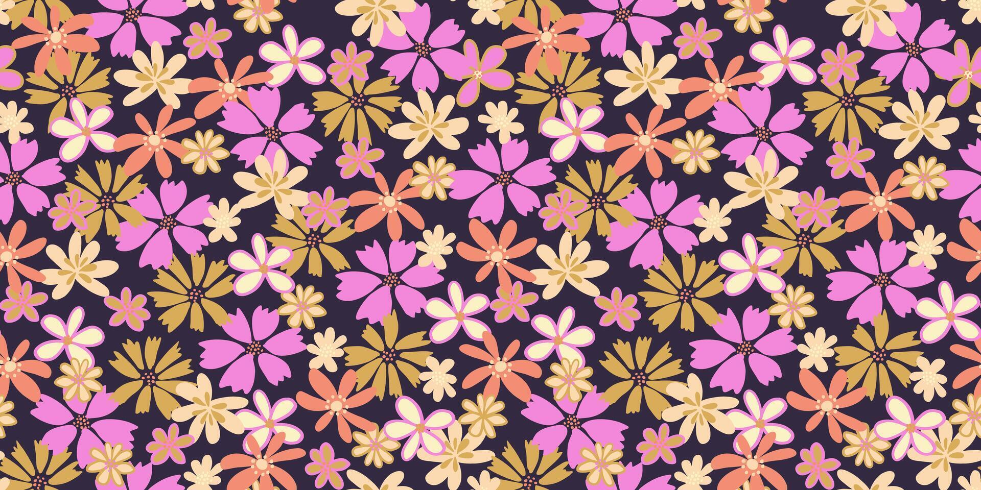 Colorful seamless pattern with abstract shapes groovy flowers. hand drawn. Cute ditsy meadow printing on a black background. Template for designs, childish textiles, fabric vector