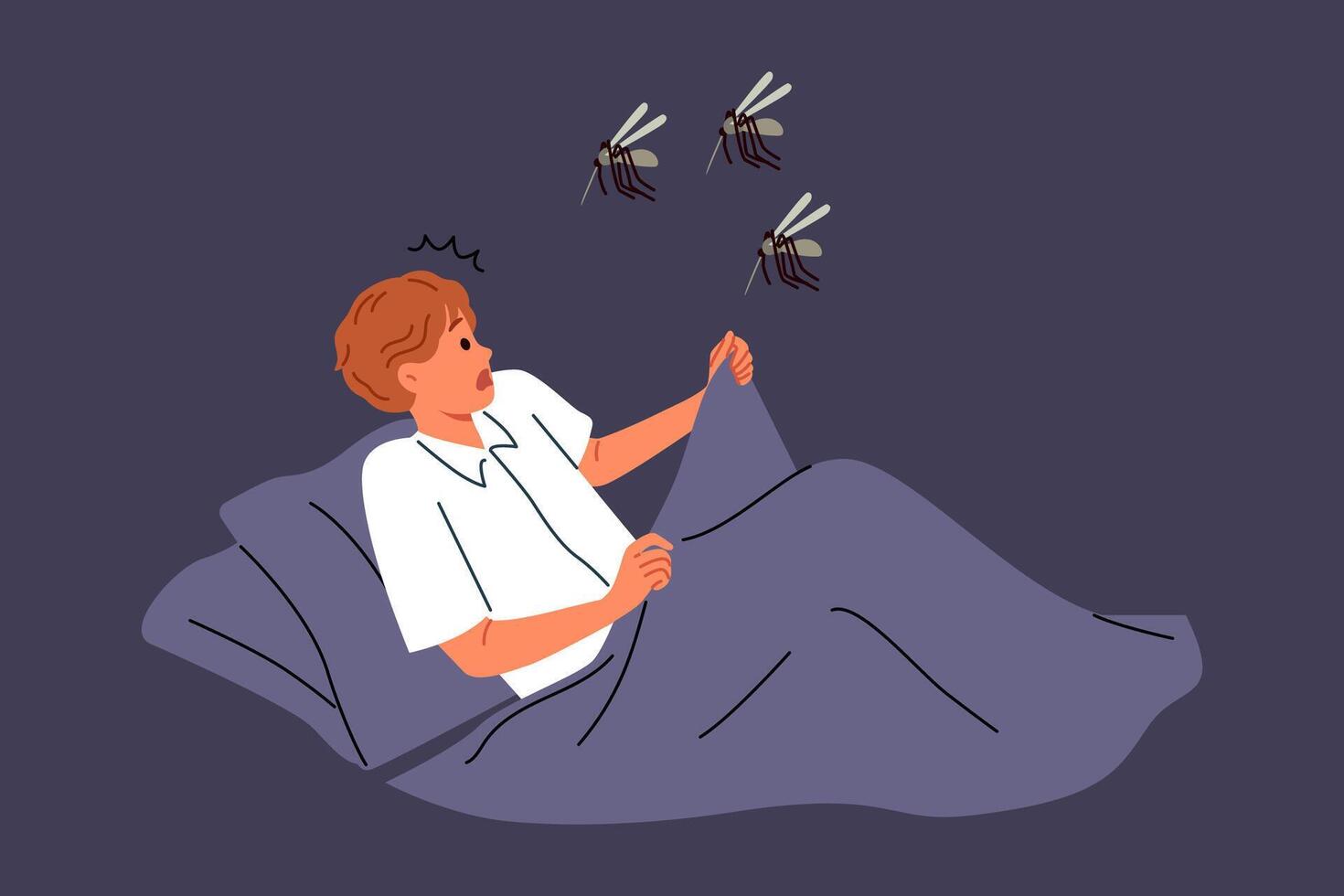 Mosquitoes will attack sleeping man lying in bed, and horrified by sight of giant flying insects vector