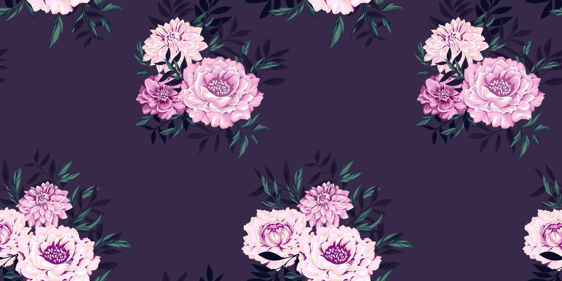 Blossoms bouquets stylized watercolor peonies, dahlias, leaves and branches seamless pattern. Abstract artistic chic light flowers printing on a dark background. hand drawn illustration. vector