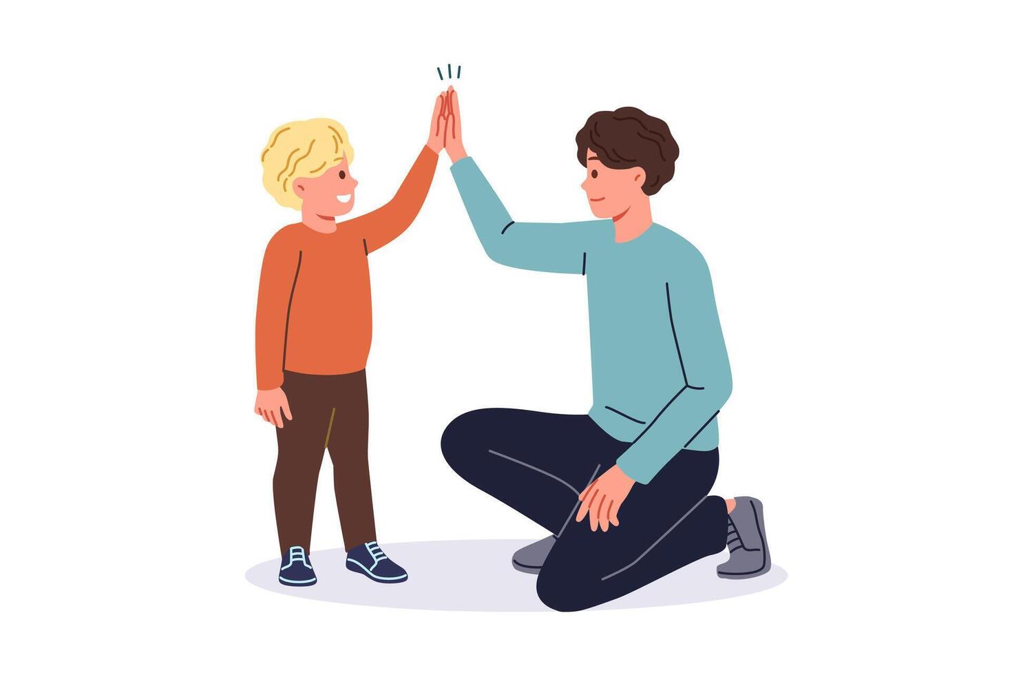 Father supports young son by high-fiving boy and raising child on own after divorce from mother. vector