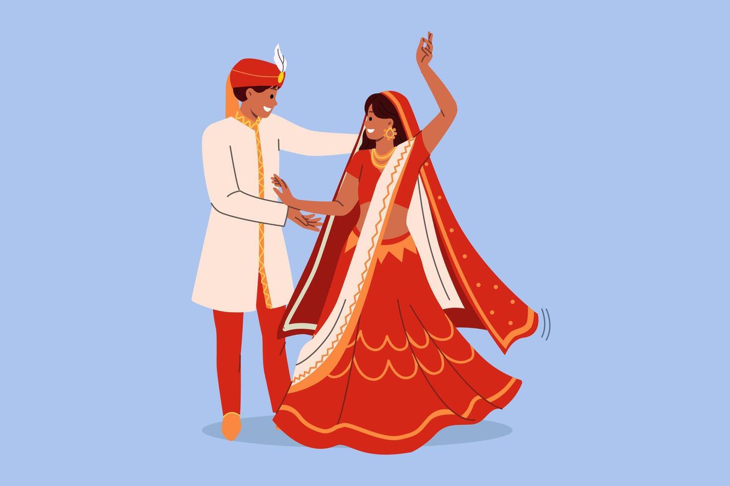 Indian couple dances wedding dance in national clothes, performing traditional rite of hindi culture vector