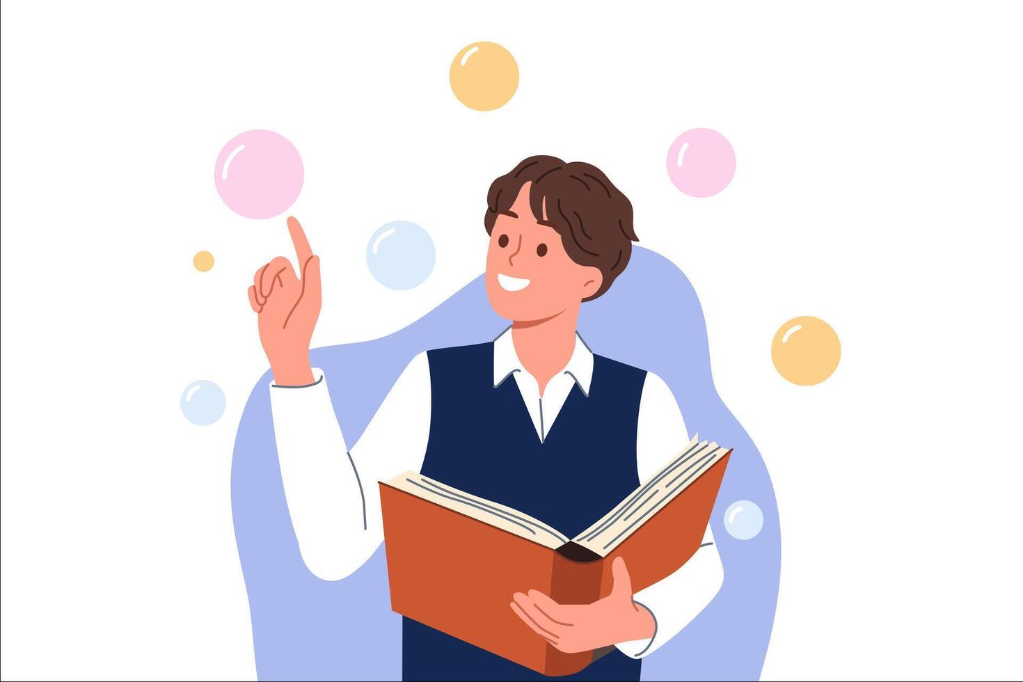 Guy student with book in hands reads science fiction literature and stands among air bubbles vector