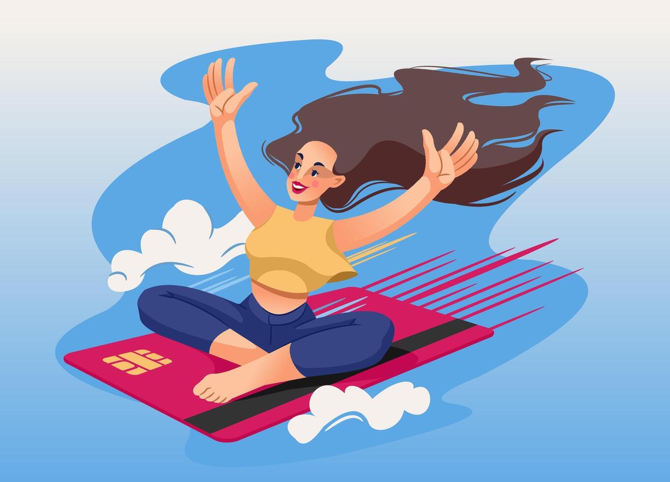 Woman flies through sky on plastic credit card, enjoying ease of making cashless payments vector