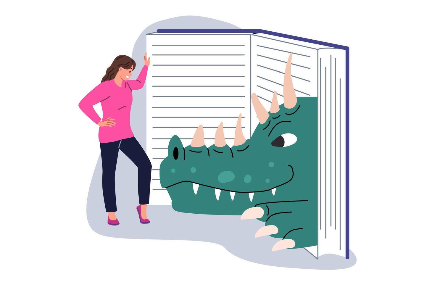 mujer es leyendo libro acerca de zoología y reptiles, en pie cerca enciclopedia con dinosaurio cabeza vector