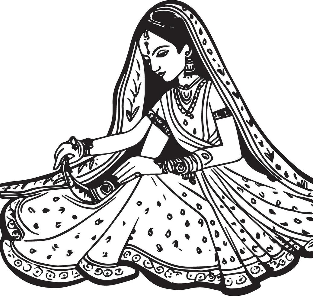 Indian Bride Dulhan , Coloring page vector