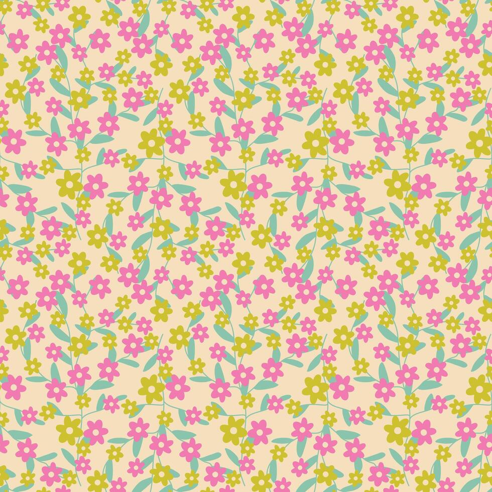 Cute bright seamless pattern with green and pink flowers and leaves vector