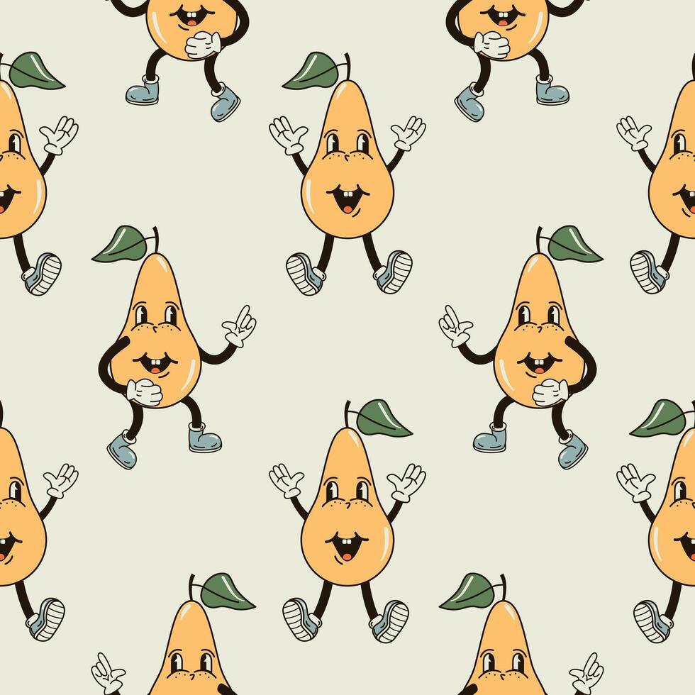 A seamless pattern with a funny and cute pear character in a groovy style illustration vector