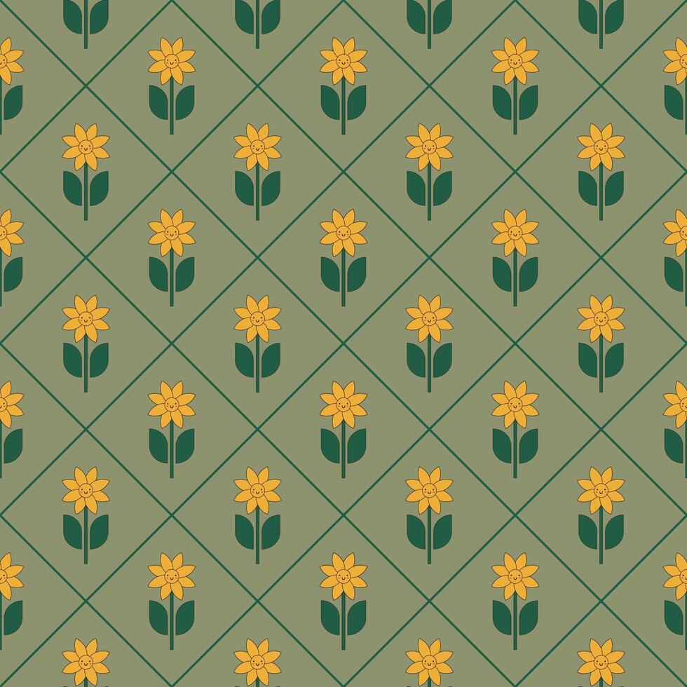 funny seamless pattern with flower characters vector