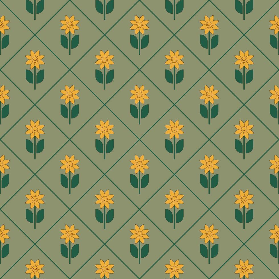 funny seamless pattern with flower characters vector