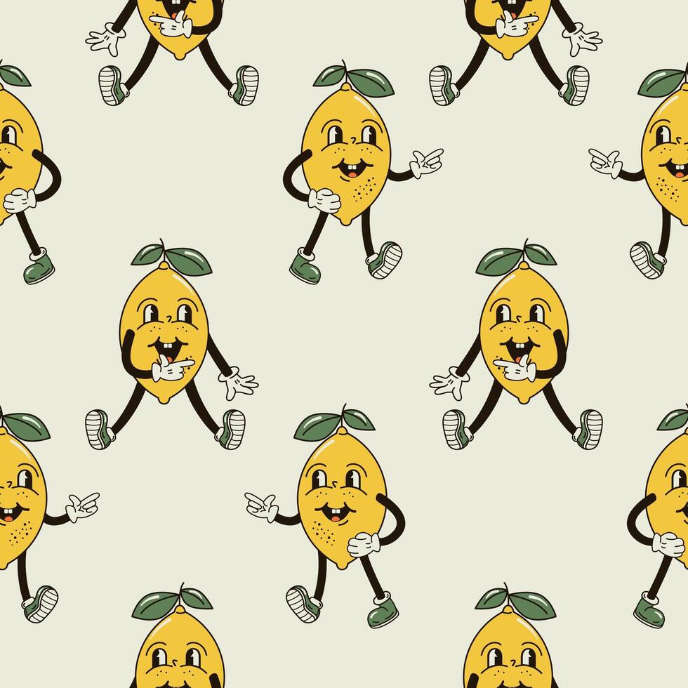 A seamless pattern with a funny and cute lemon character in a groovy style vector
