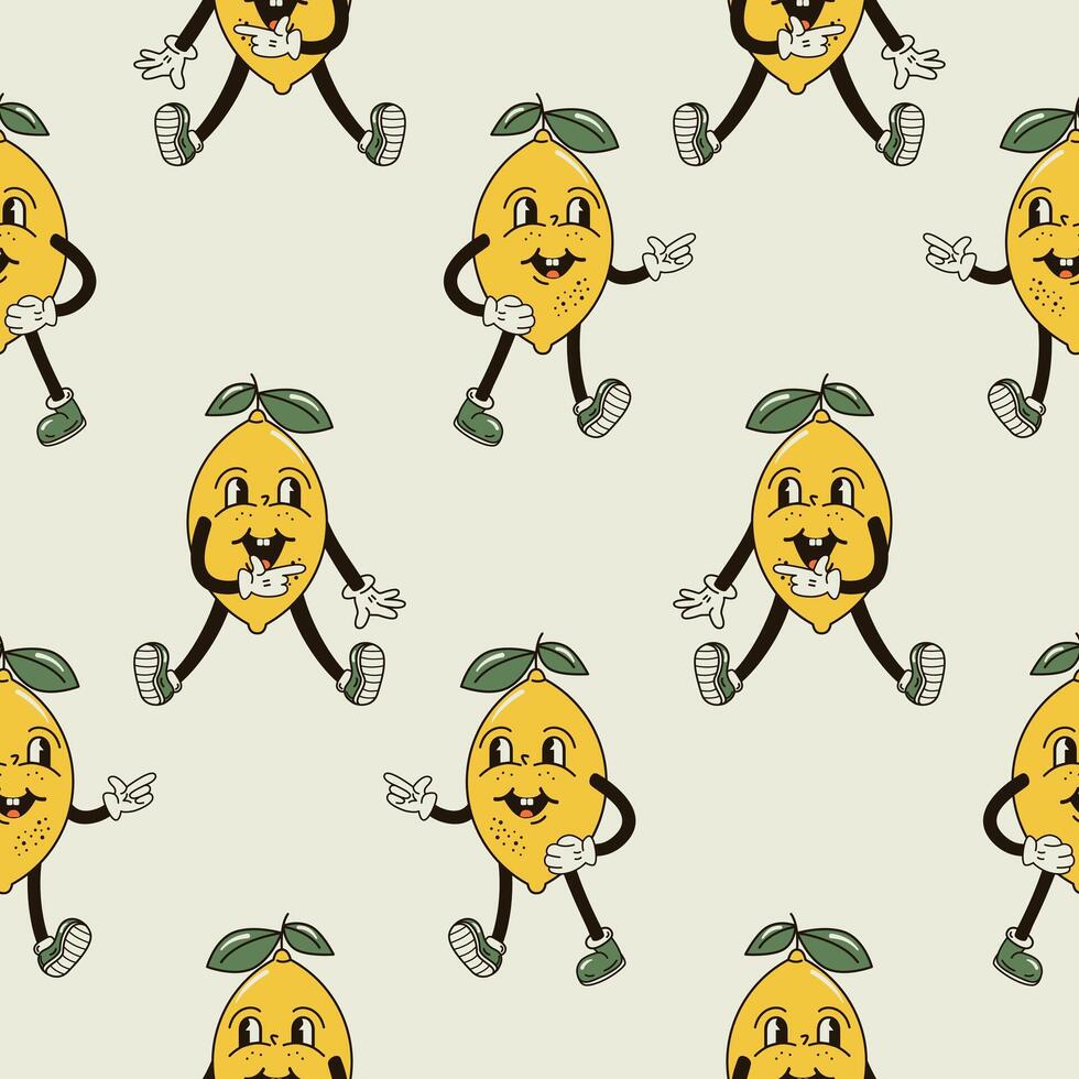 A seamless pattern with a funny and cute lemon character in a groovy style vector