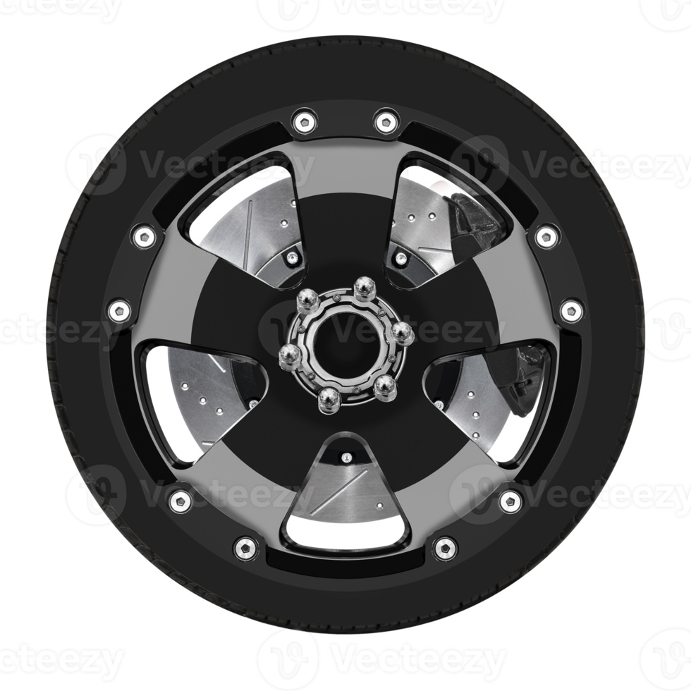 Black car wheel with brake caliper brake disc and tire png