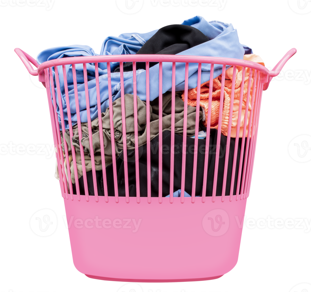 Pink laundry basket with colorful clothes png