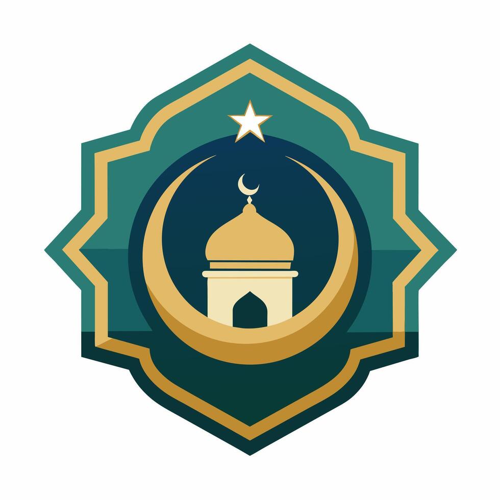 Detailed, symmetrical illustration reflecting Islamic artistry, showcasing geometric forms, clean white background, perfect for badge or emblem usage vector