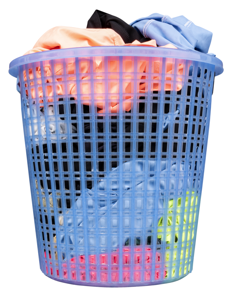 Blue laundry basket with colorful clothes png