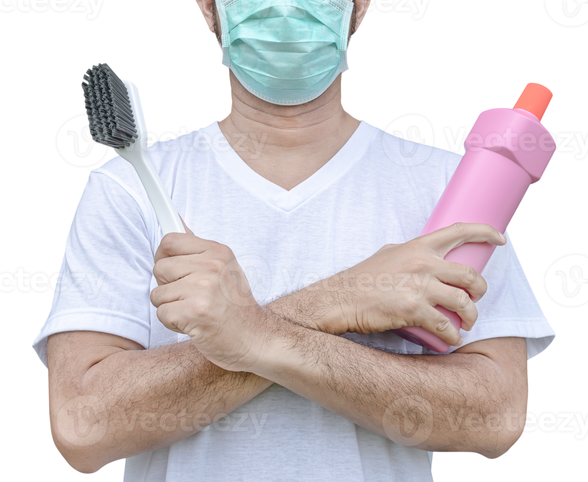 Man wear mask hand hold floor scrubbing brush and toilet cleaner bottle png