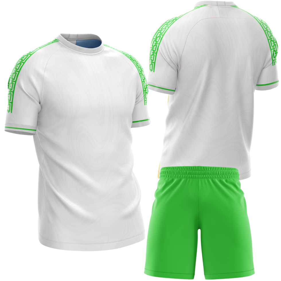 a soccer uniform with green trim and white shirt png