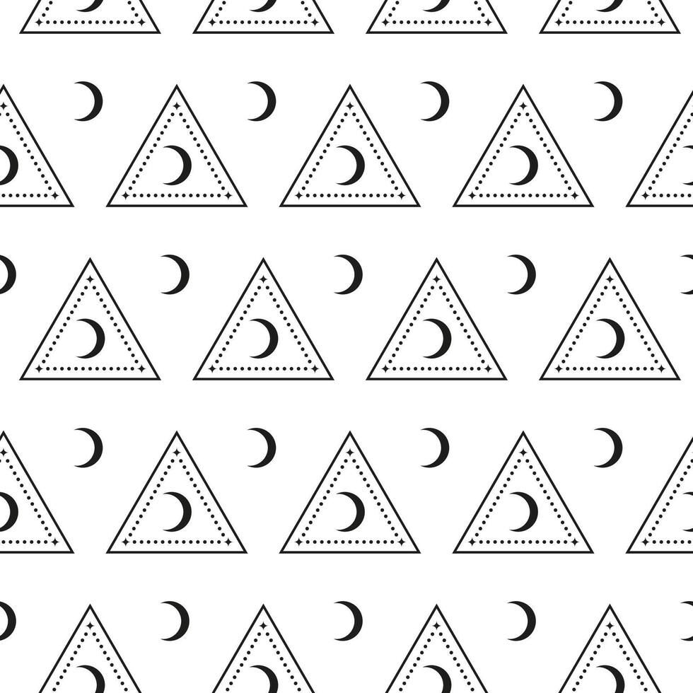 Boho seamless pattern with crescent moon in triangles. vector