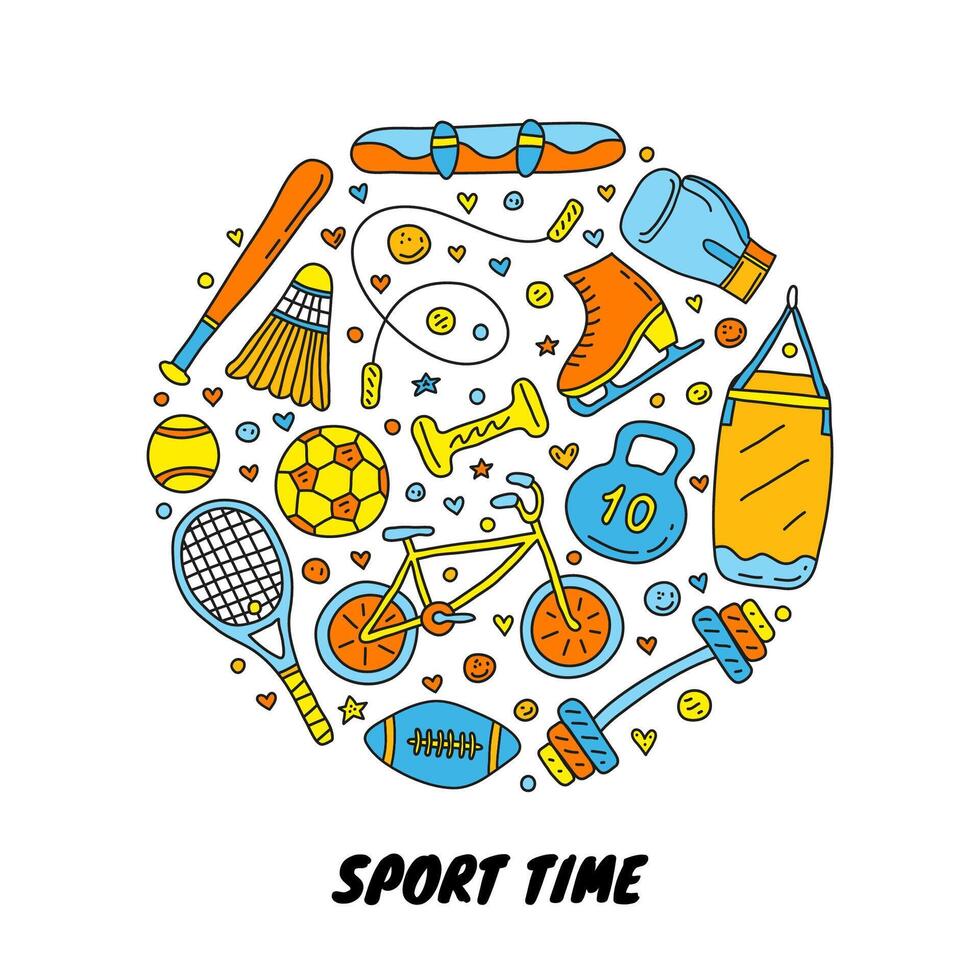 Doodle sport items in circle. vector