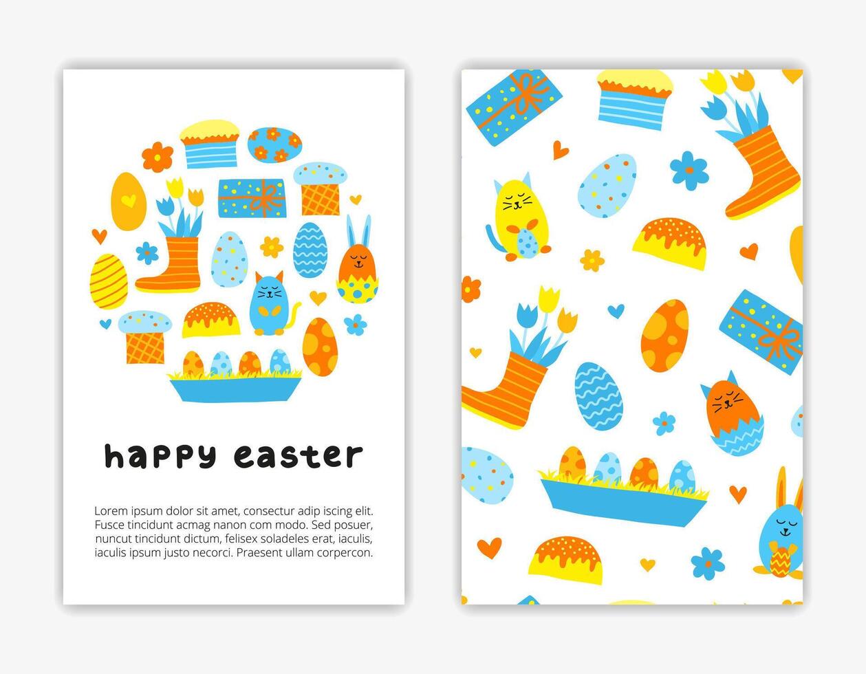 Card templates with doodle Easter icons. vector