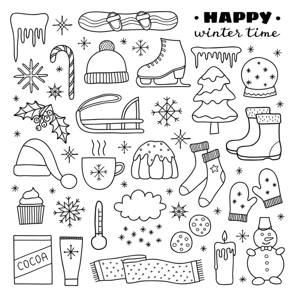 Collection of hand drawn winter items. vector