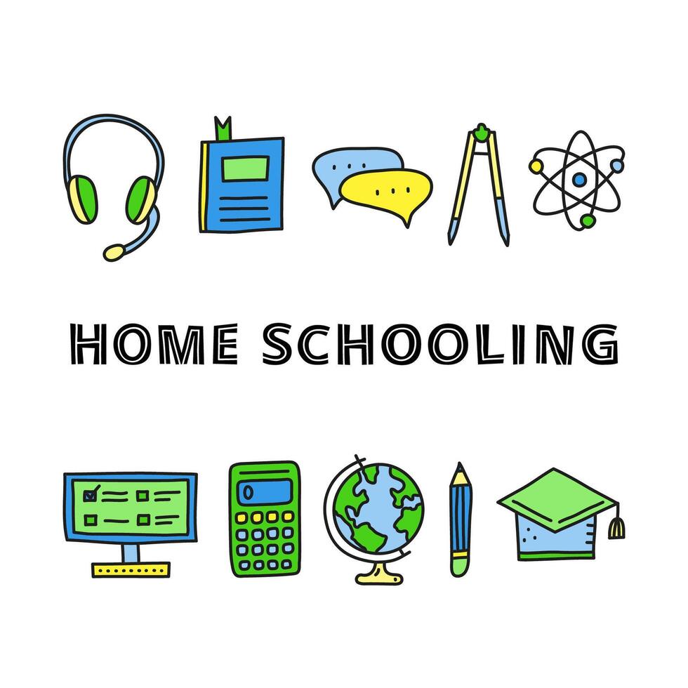 Poster with lettering and doodle colored education icons. vector