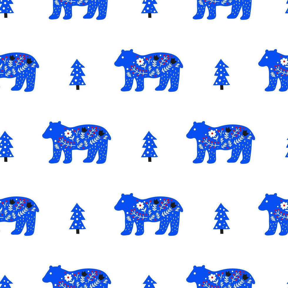 Seamless pattern with Scandinavian bears and fir trees. vector