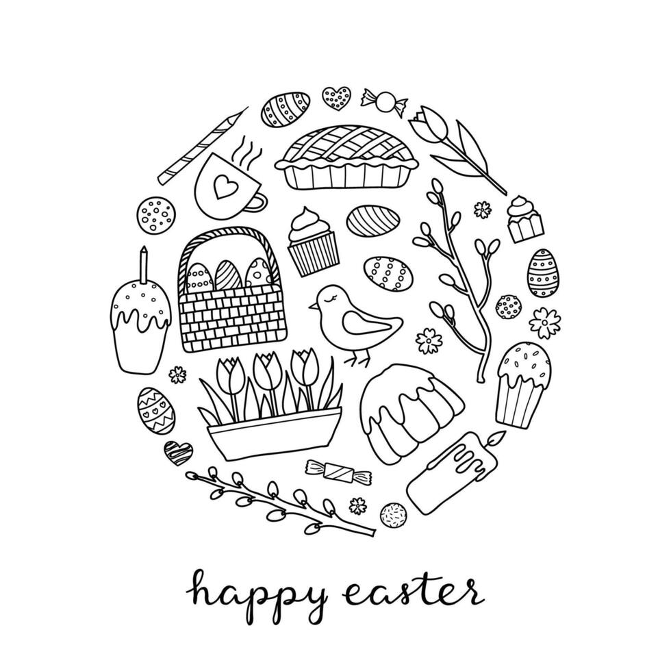 Doodle easter items in circle. vector