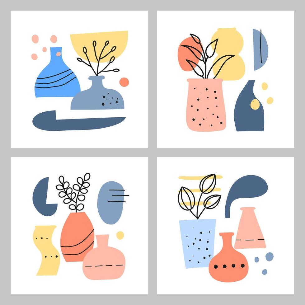 Set of card templates with spots, dots, vases, leafy twigs, herbs. vector