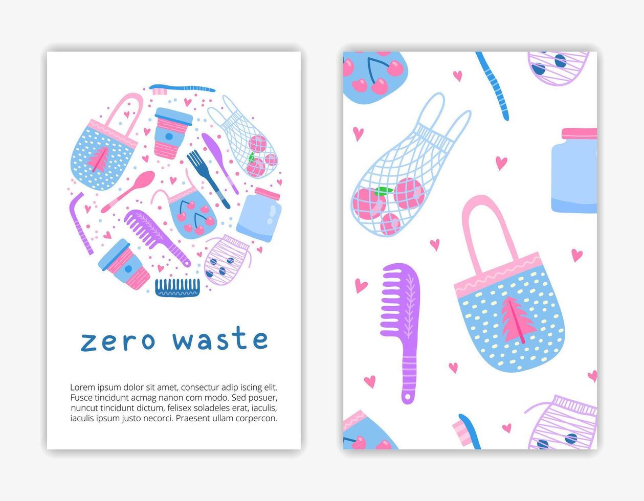 Card templates with doodle zero waste icons. vector