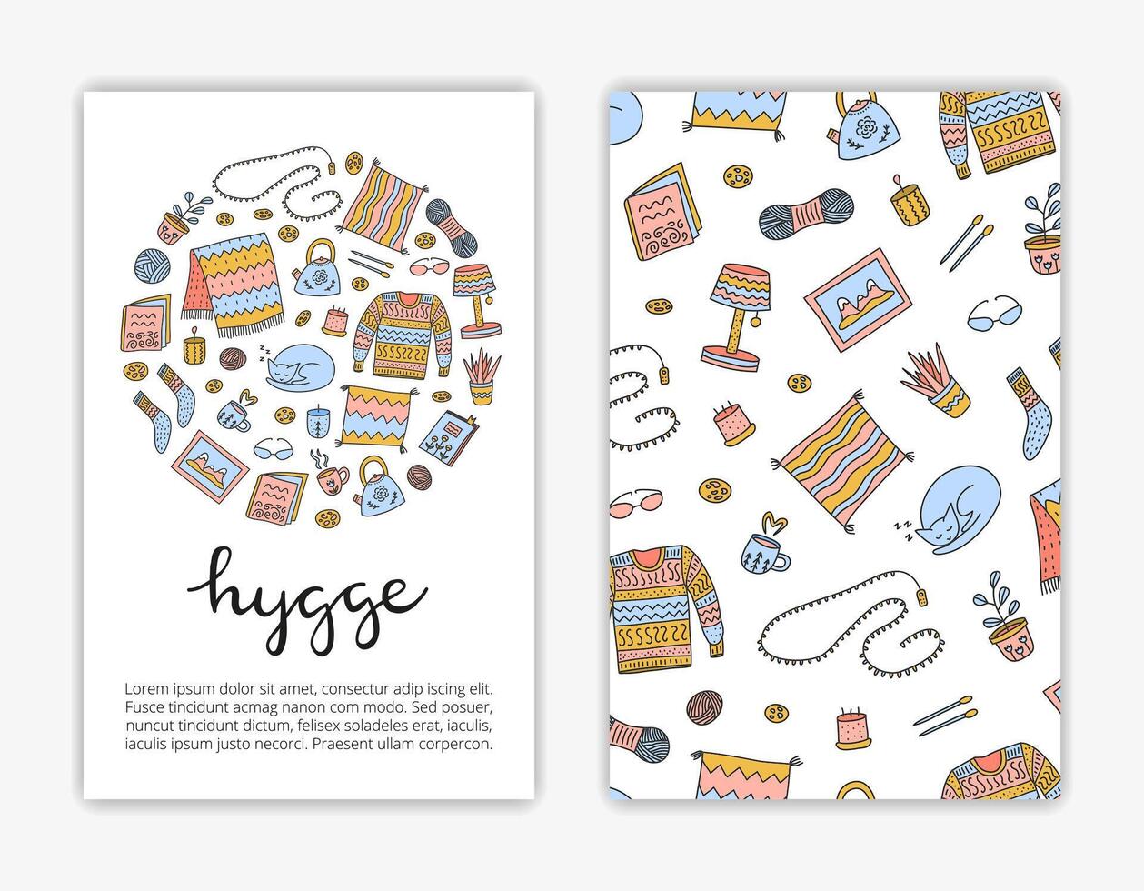 Card templates with doodle hygge icons. vector