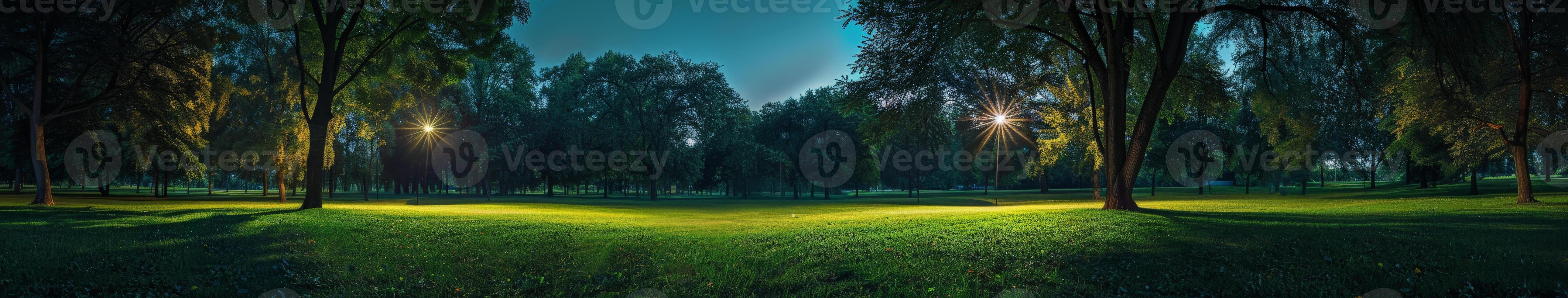 Grassy Field With Trees and Lights photo