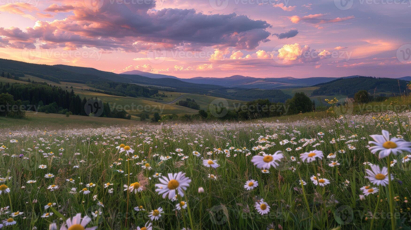 Blooming White Daisies in Field Under Cloudy Sky photo