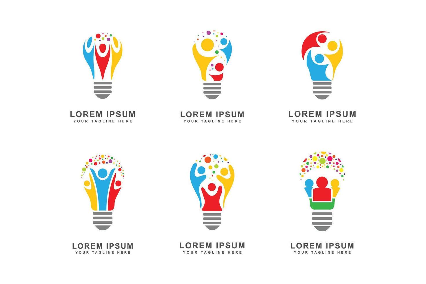 A set of six light bulb logos with people inside. Light bulbs are available in various colors and shapes vector