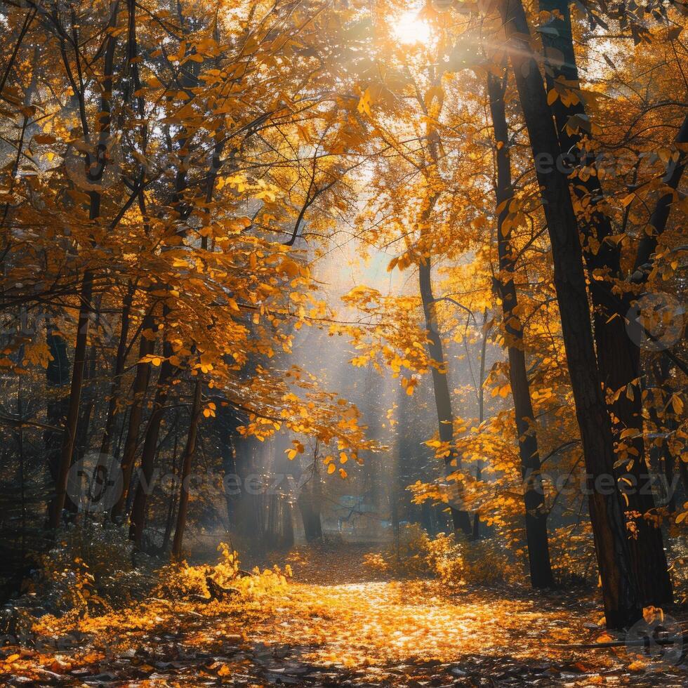 luz de sol filtración mediante arboles en bosque foto