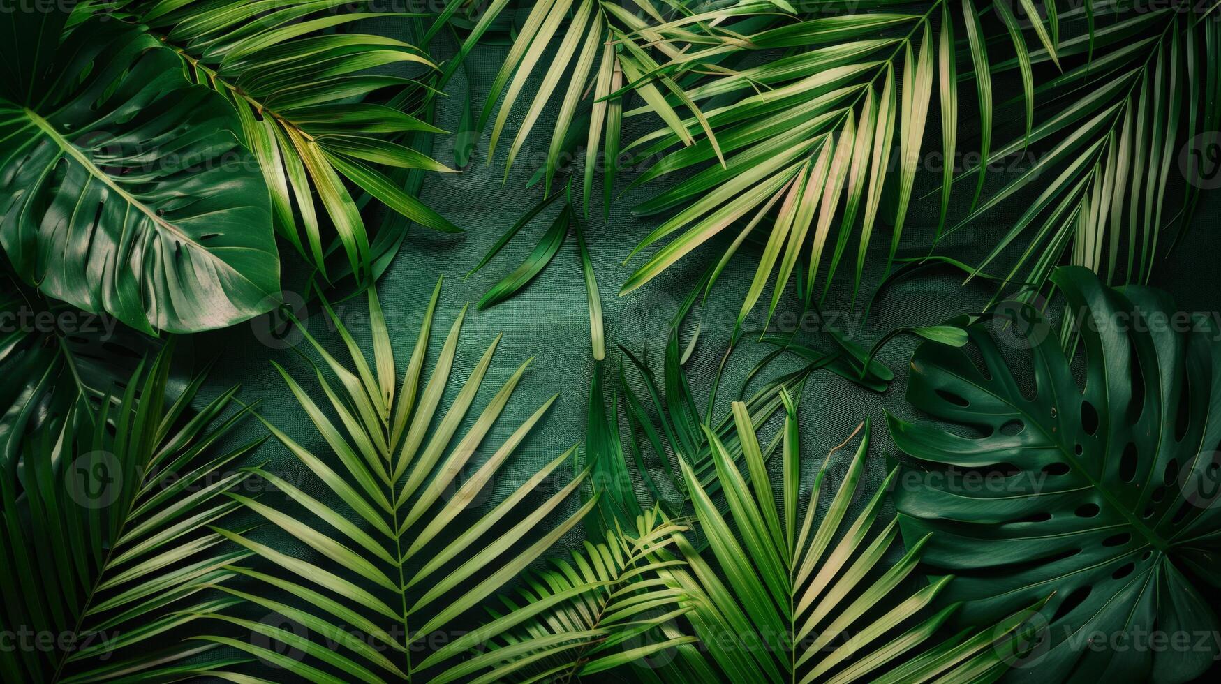 Green Palm Leaf Wallpaper on Dark Green Background photo