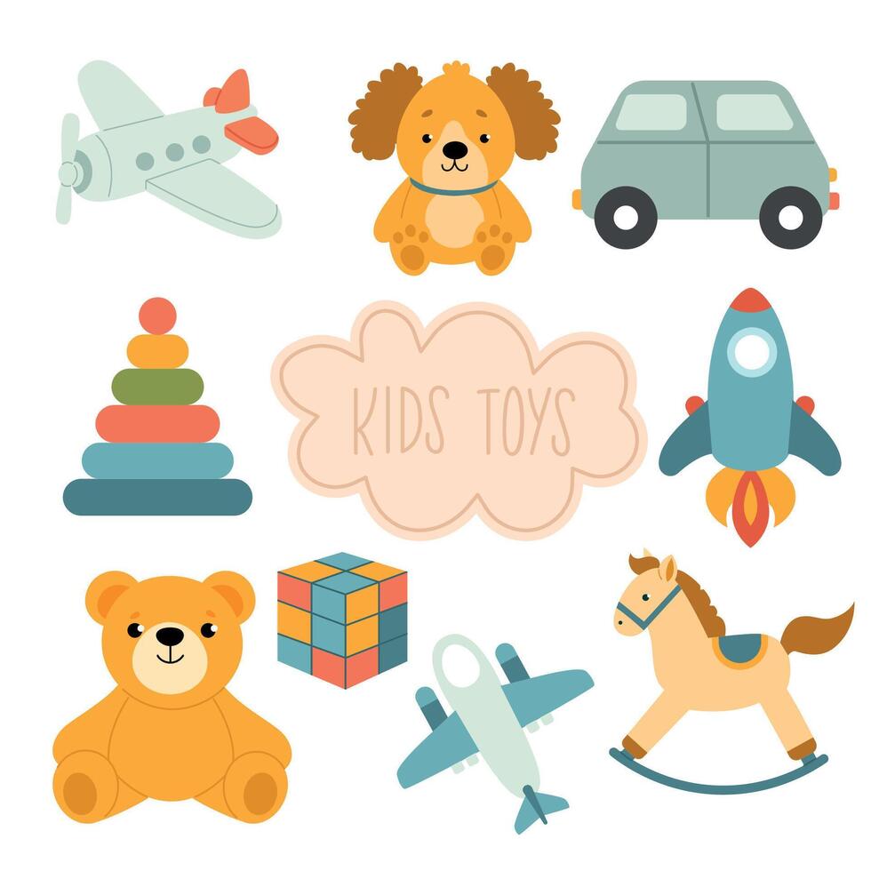 dibujos animados vistoso niños juguetes conjunto en blanco antecedentes incluso caballo, cohete, avión, auto, oso vector