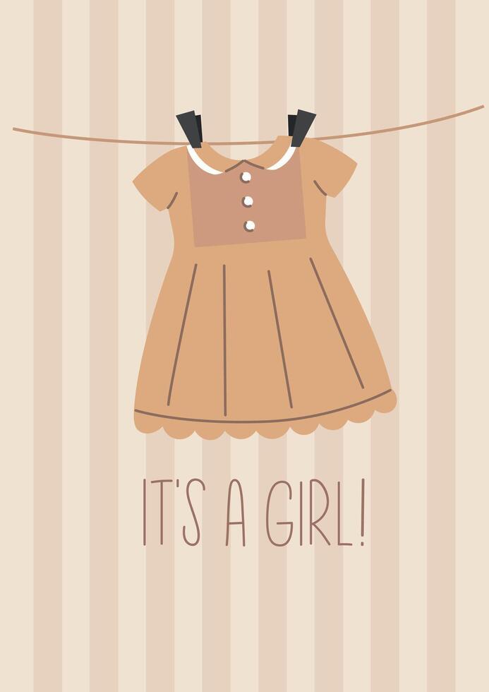 Cartoon greeting card with its a girl text with cute dress. Banner, poster, greeting card vector
