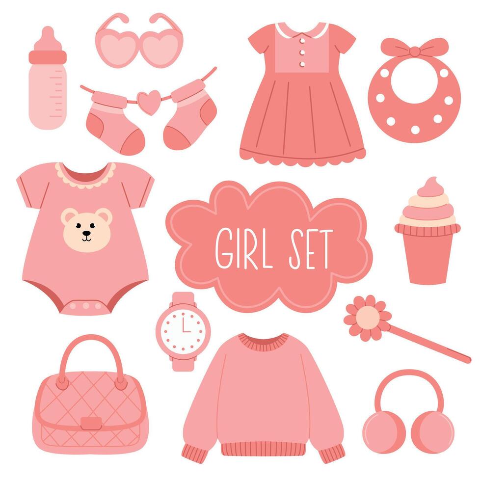 Pink cartoon set for girls include dress, socks, sweater, bag, beanbag, bottle nipple vector