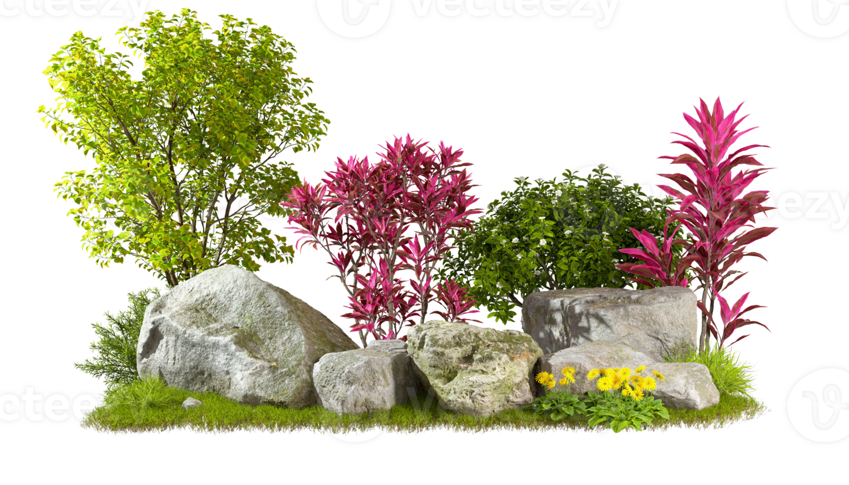 Gardening plants and flowery design composition with realistic nature rock transparent backgrounds 3d rendering png