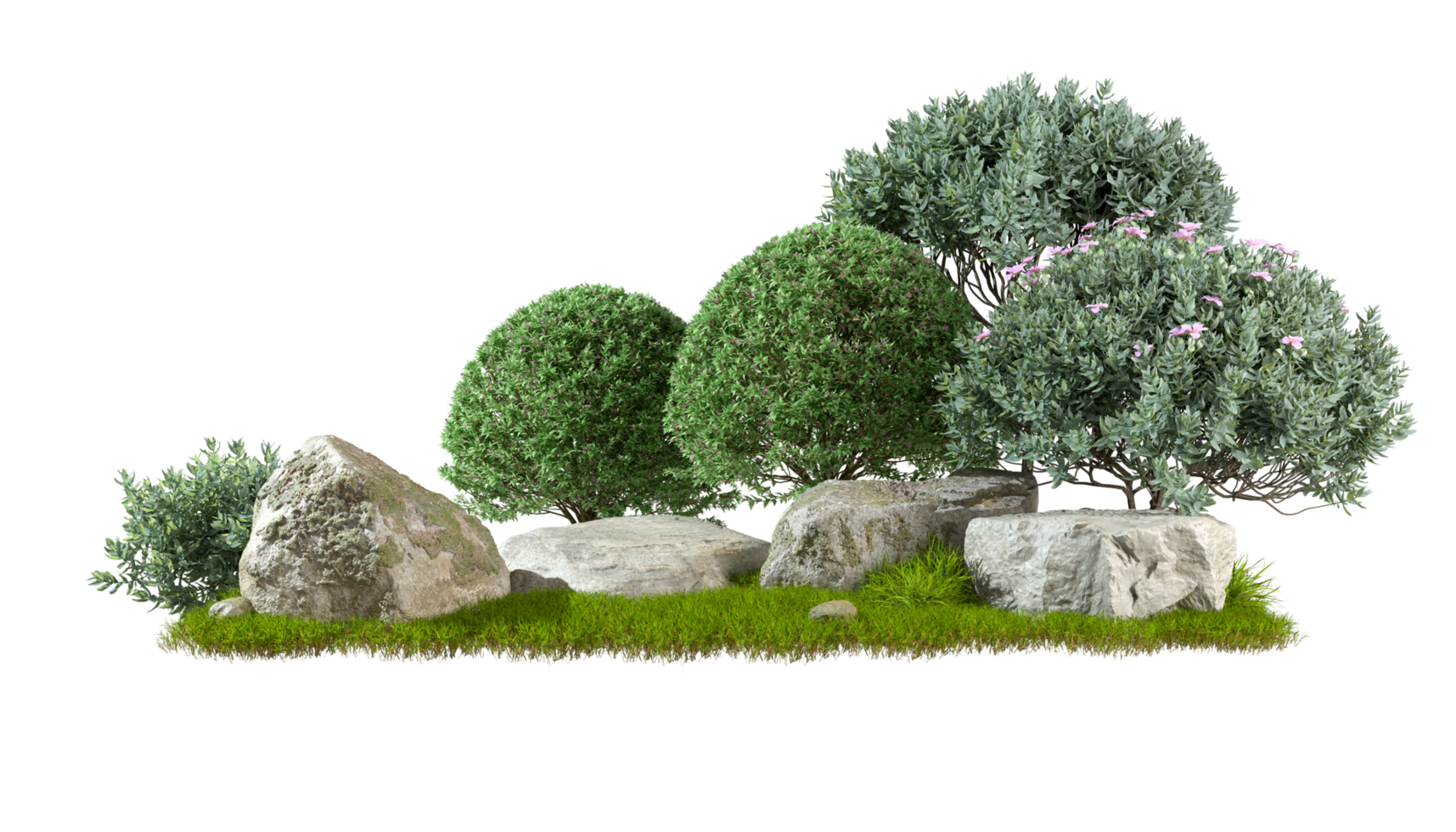 Gardening green shrubs design composition with nature rock cut out backgrounds 3d rendering file png