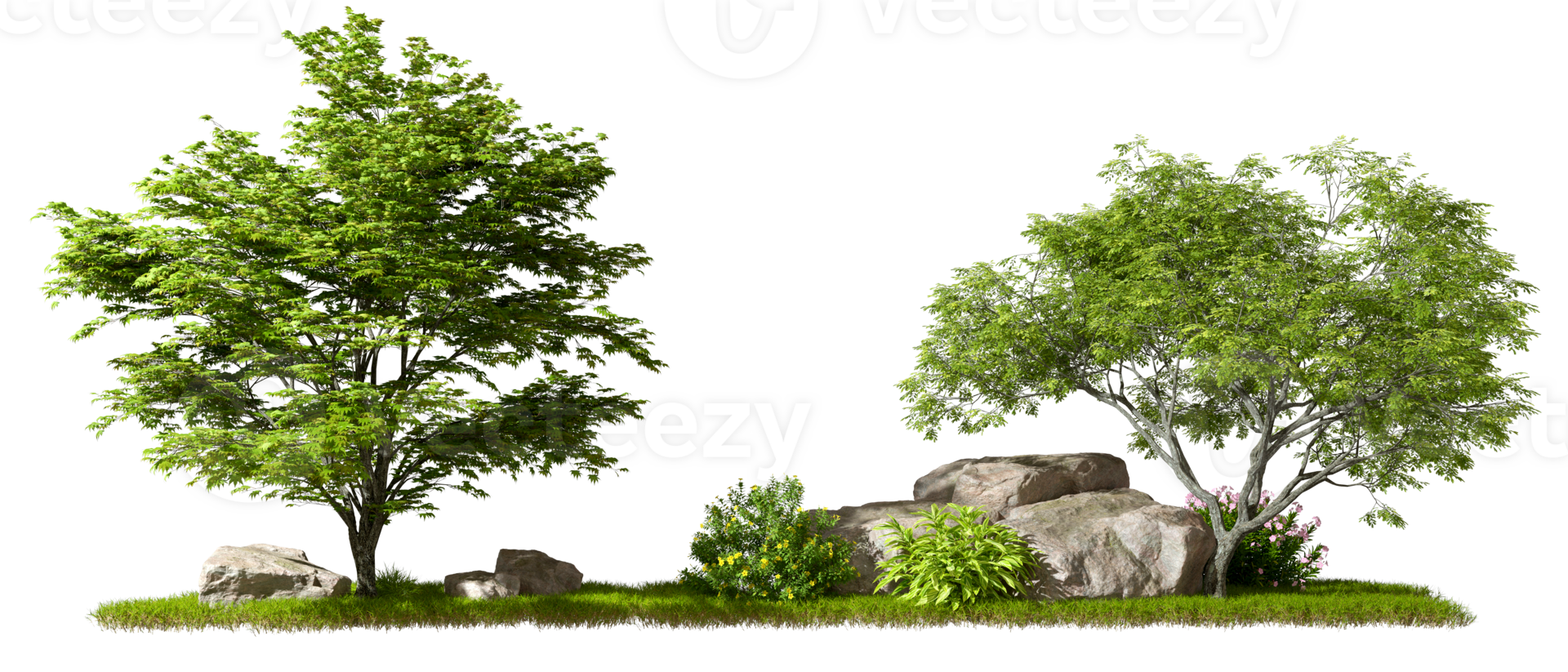 Cut out forest trees composition design on greenery grass 3d rendering file png