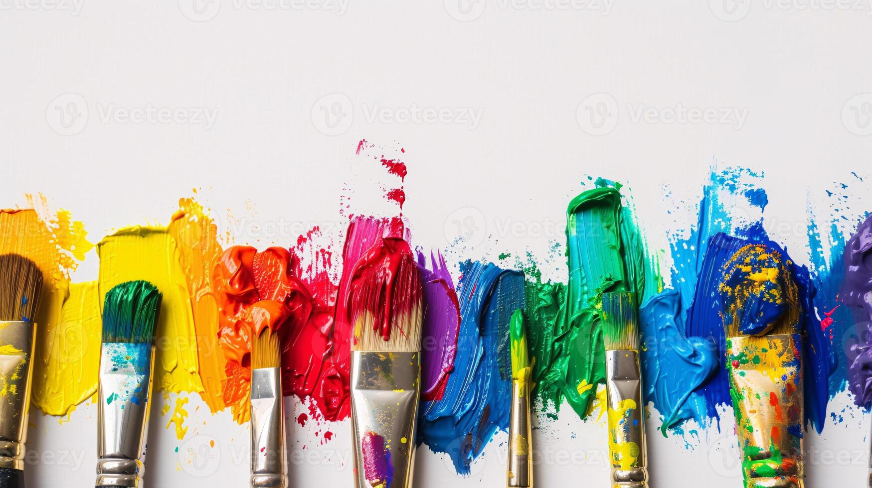 An arrangement of colorful paintbrushes dipped in various hues of paint on a pristine white surface photo